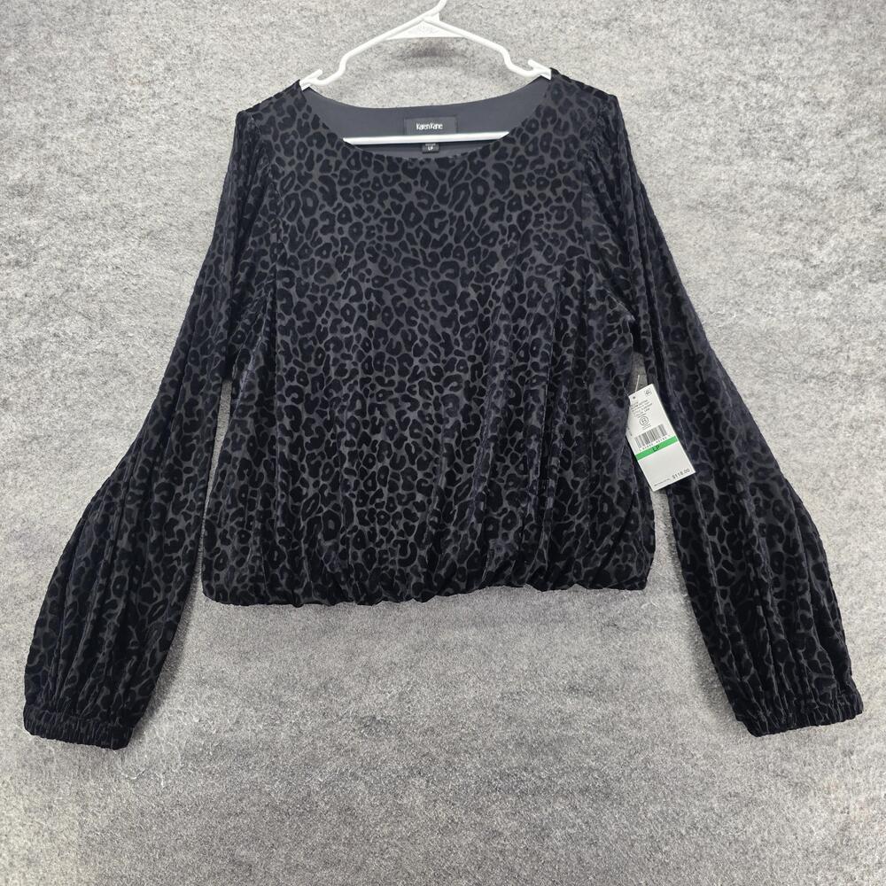 Karen Kane Blouse Womens LP Black Velvet Boatneck Balloon Sleeve Animal Print